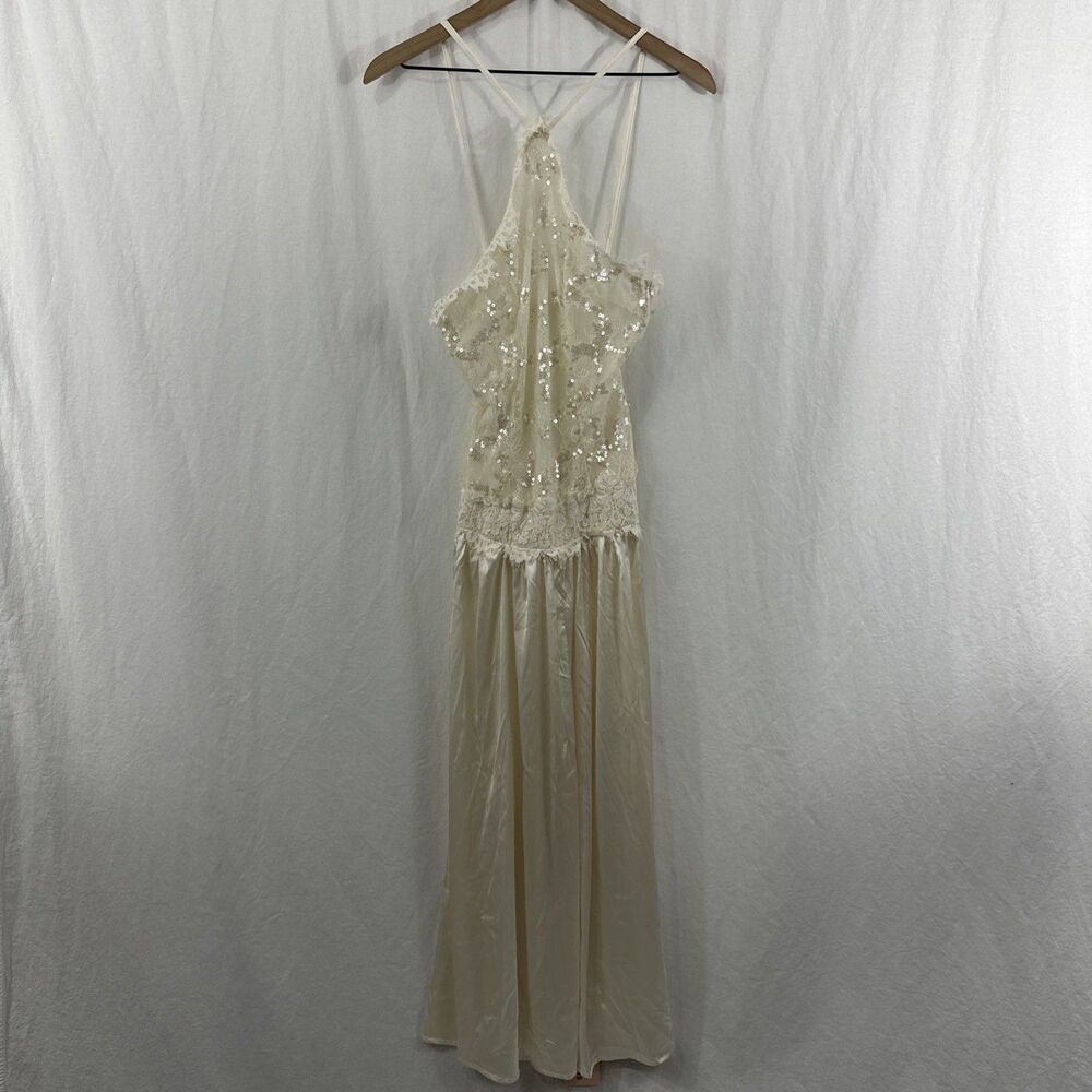 Shein Bae Ivory Satin Lace Sheer Halter Maxi Dress Womens Sz 2 Bridal Feminine